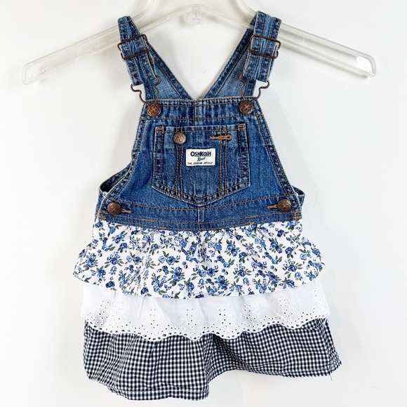 OshKosh B'gosh Other - Oshkosh Girls 2T Denim Overall Dress Frill Skirt Eyelet Lace Tiered Gingham